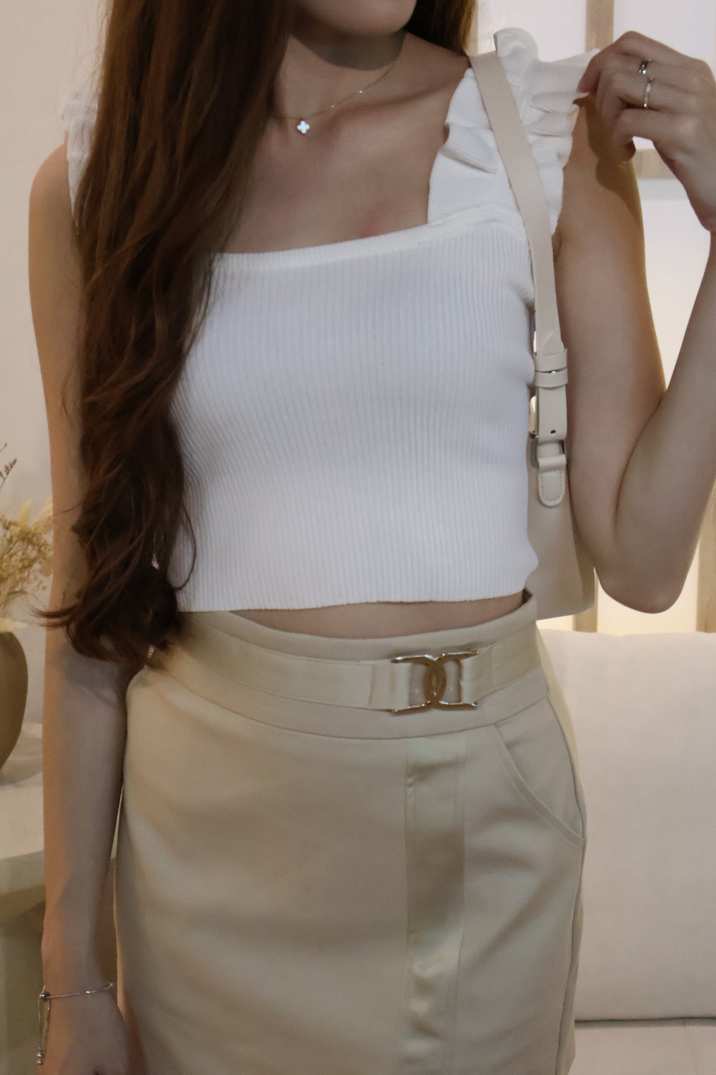 Myra Ruffles Ribbed Top In White