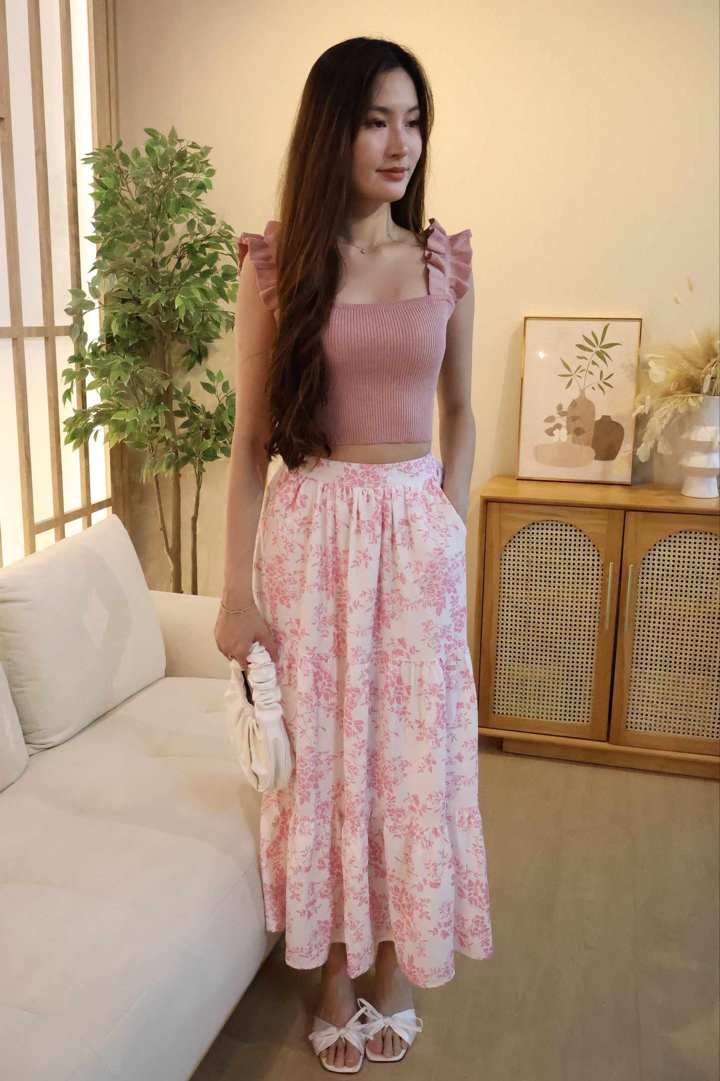 Cassy Floral Patterned Pocket Maxi Skirt In White