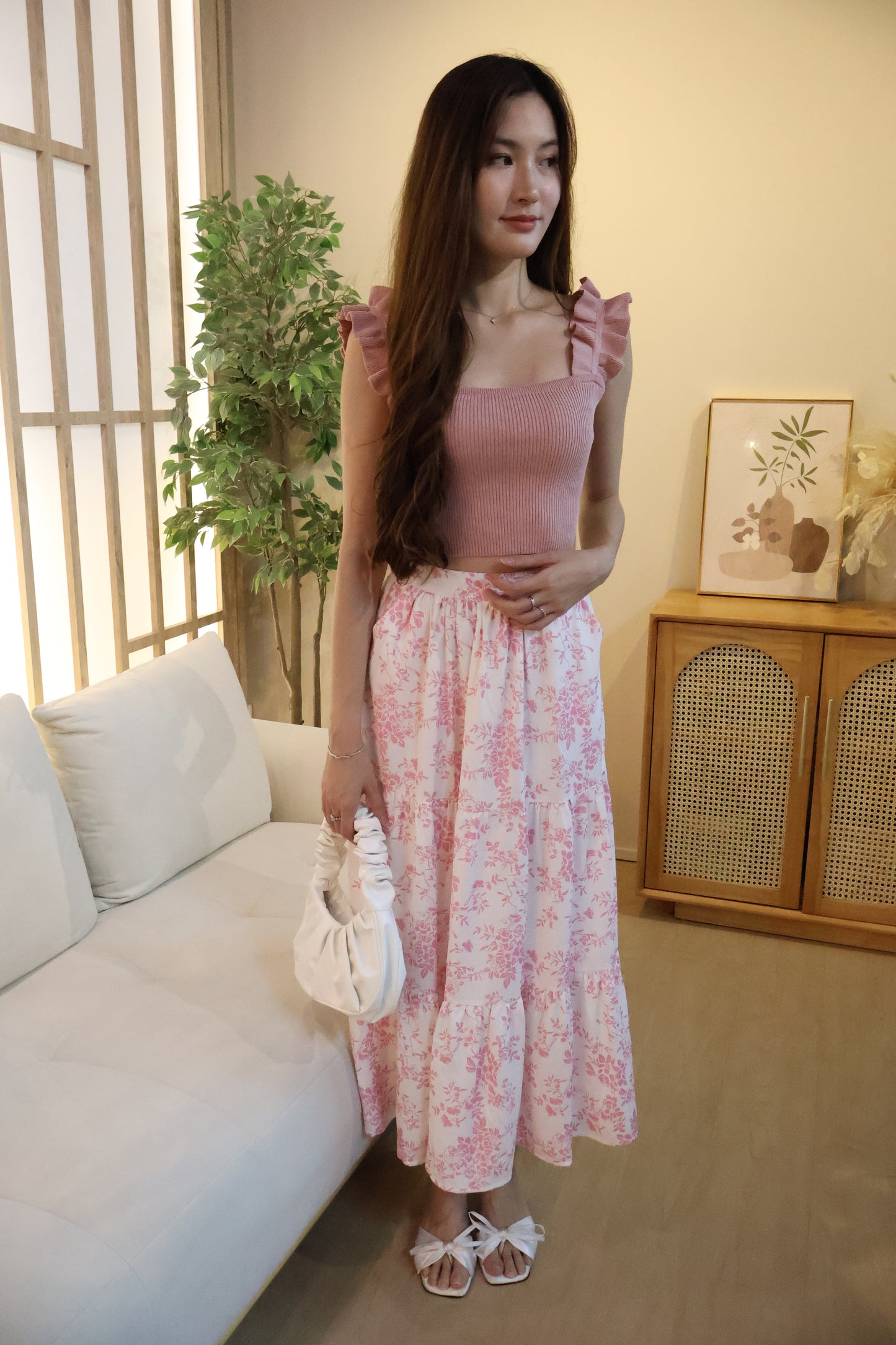 Myra Ruffles Ribbed Top In Pink