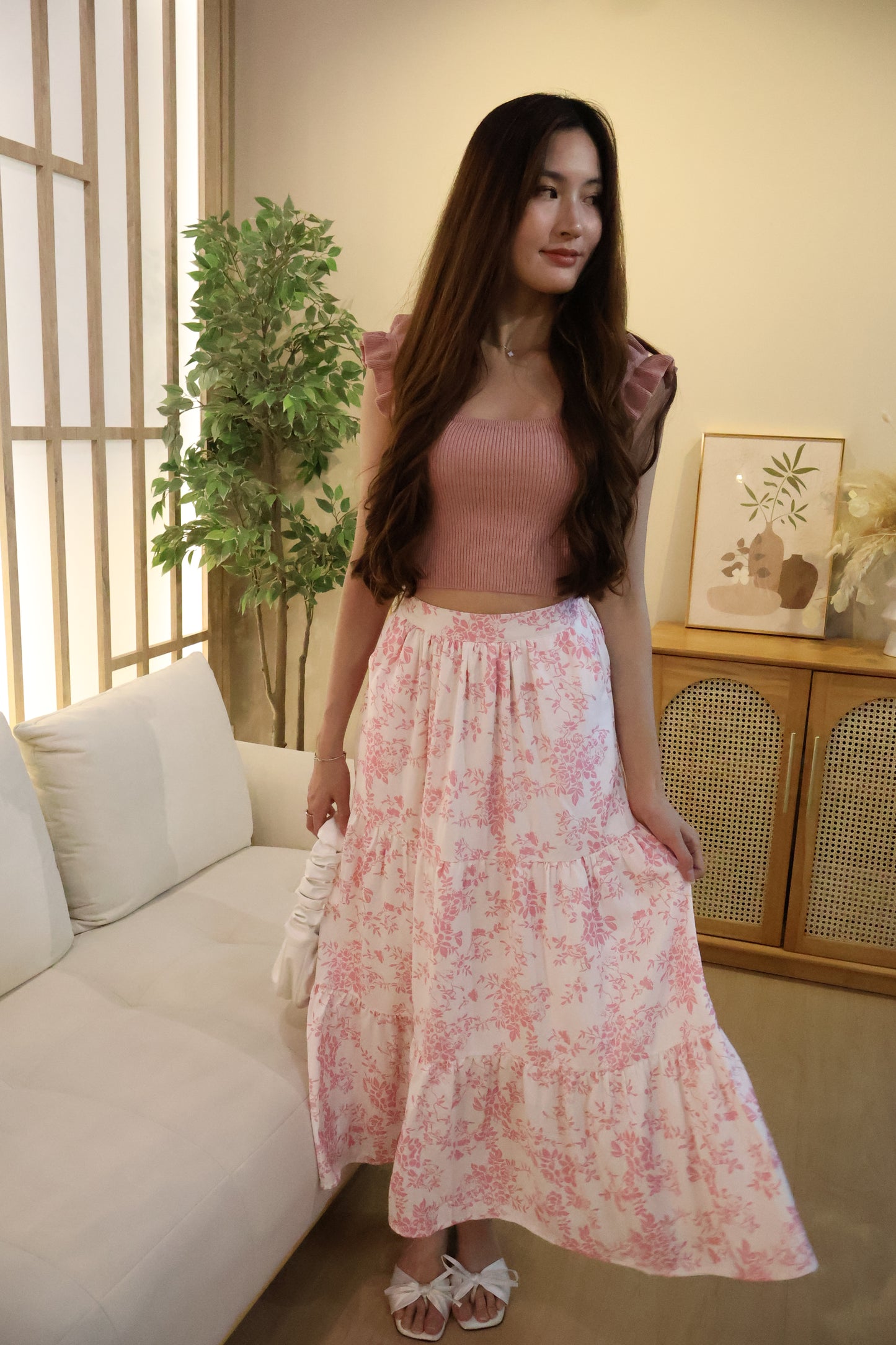 Cassy Floral Patterned Pocket Maxi Skirt In White