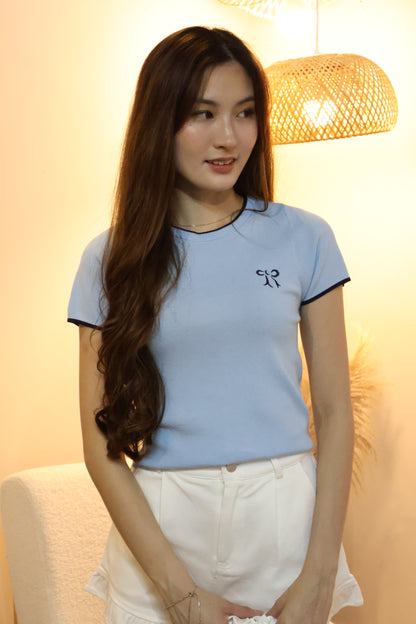 Tasha Embroidered Ribbon Knit Top In Baby Blue