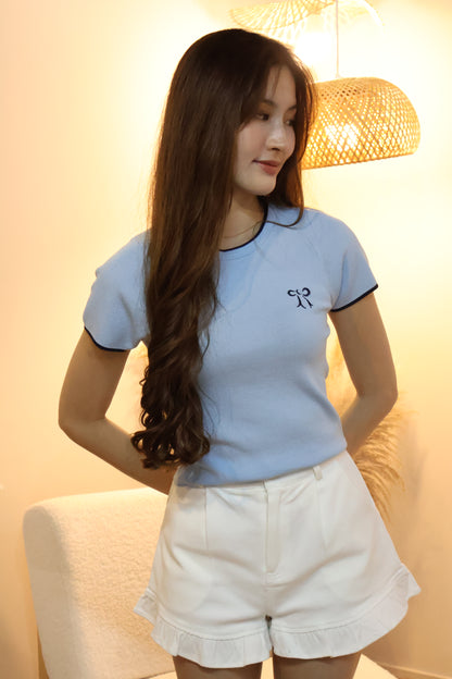 Tasha Embroidered Ribbon Knit Top In Baby Blue