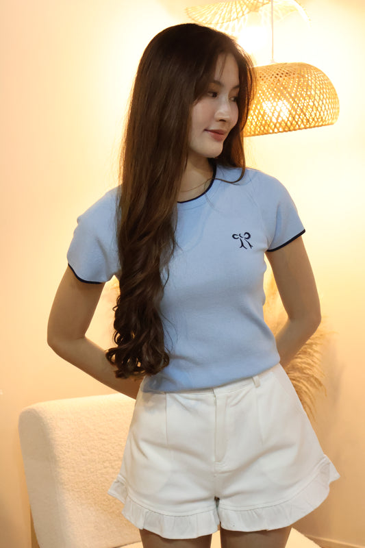 Tasha Embroidered Ribbon Knit Top In Baby Blue