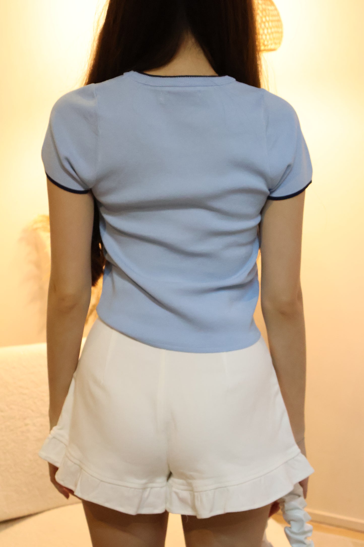 Tasha Embroidered Ribbon Knit Top In Baby Blue