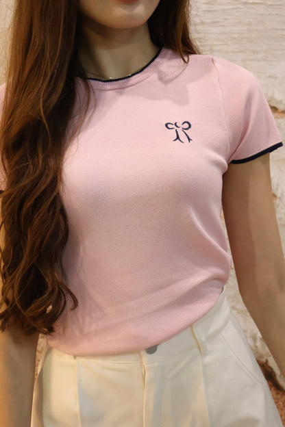 Tasha Embroidered Ribbon Knit Top In Pink
