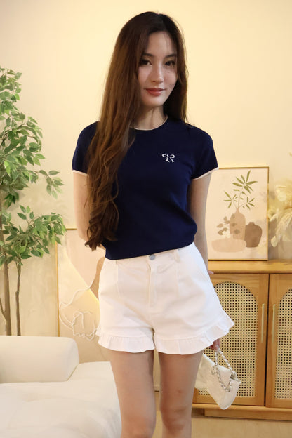 Tasha Embroidered Ribbon Knit Top In Navy Blue