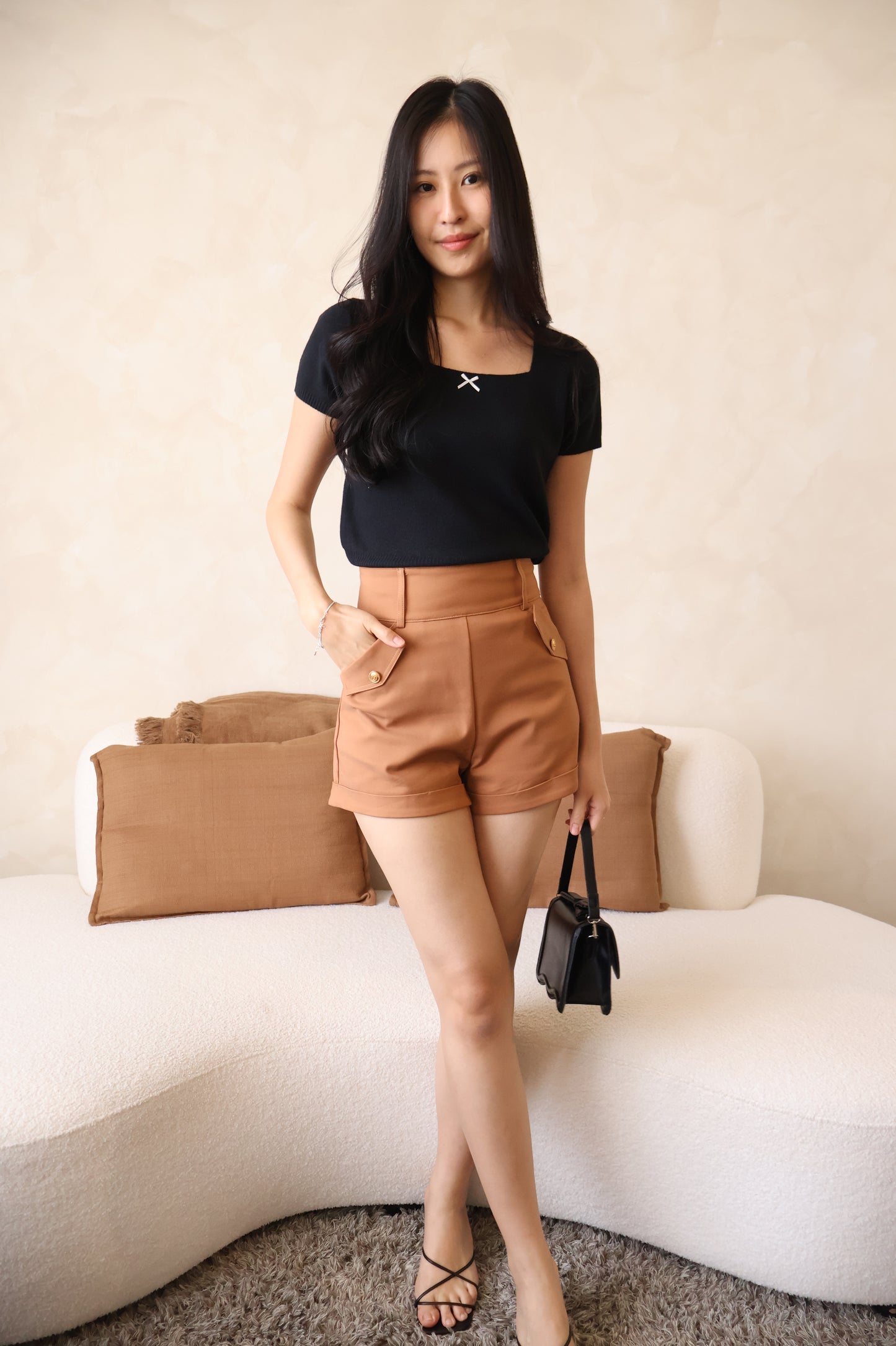 Elodie Ribbon Soft Knit Square Neck Top In Black