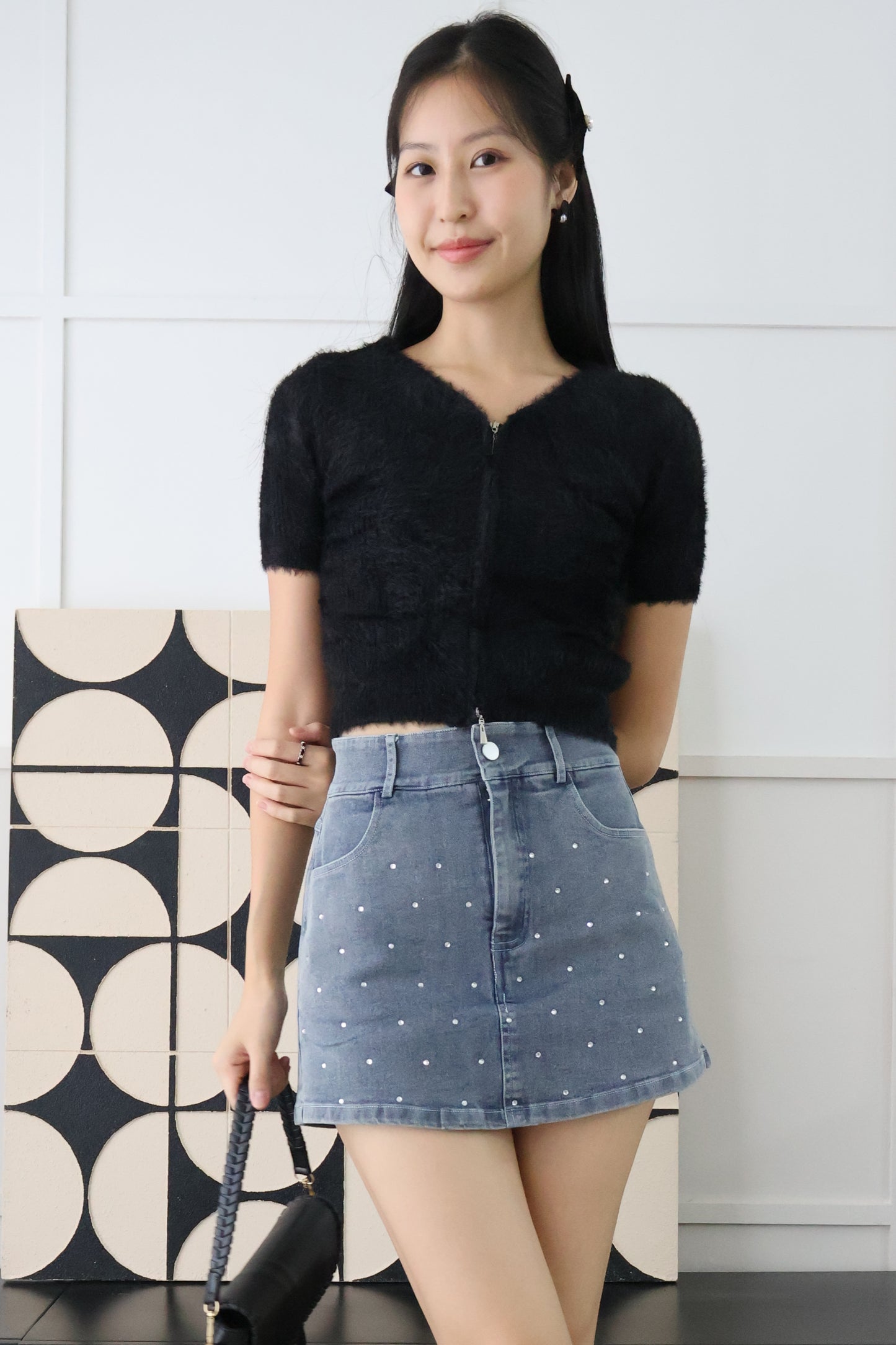 Yunice Sparkle Rhinestone Skorts In Washed Denim