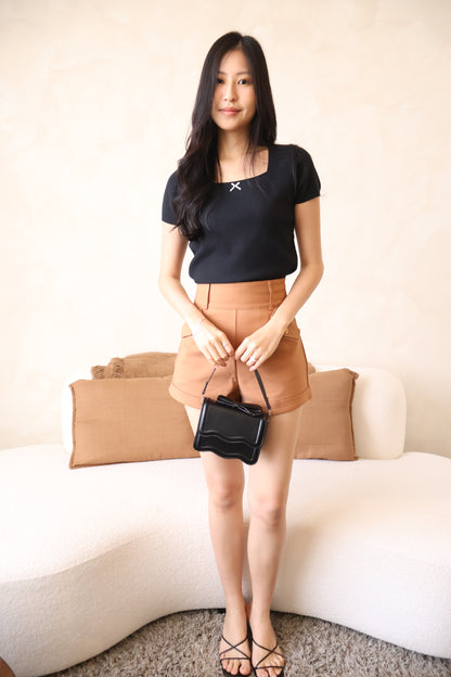 Elodie Ribbon Soft Knit Square Neck Top In Black