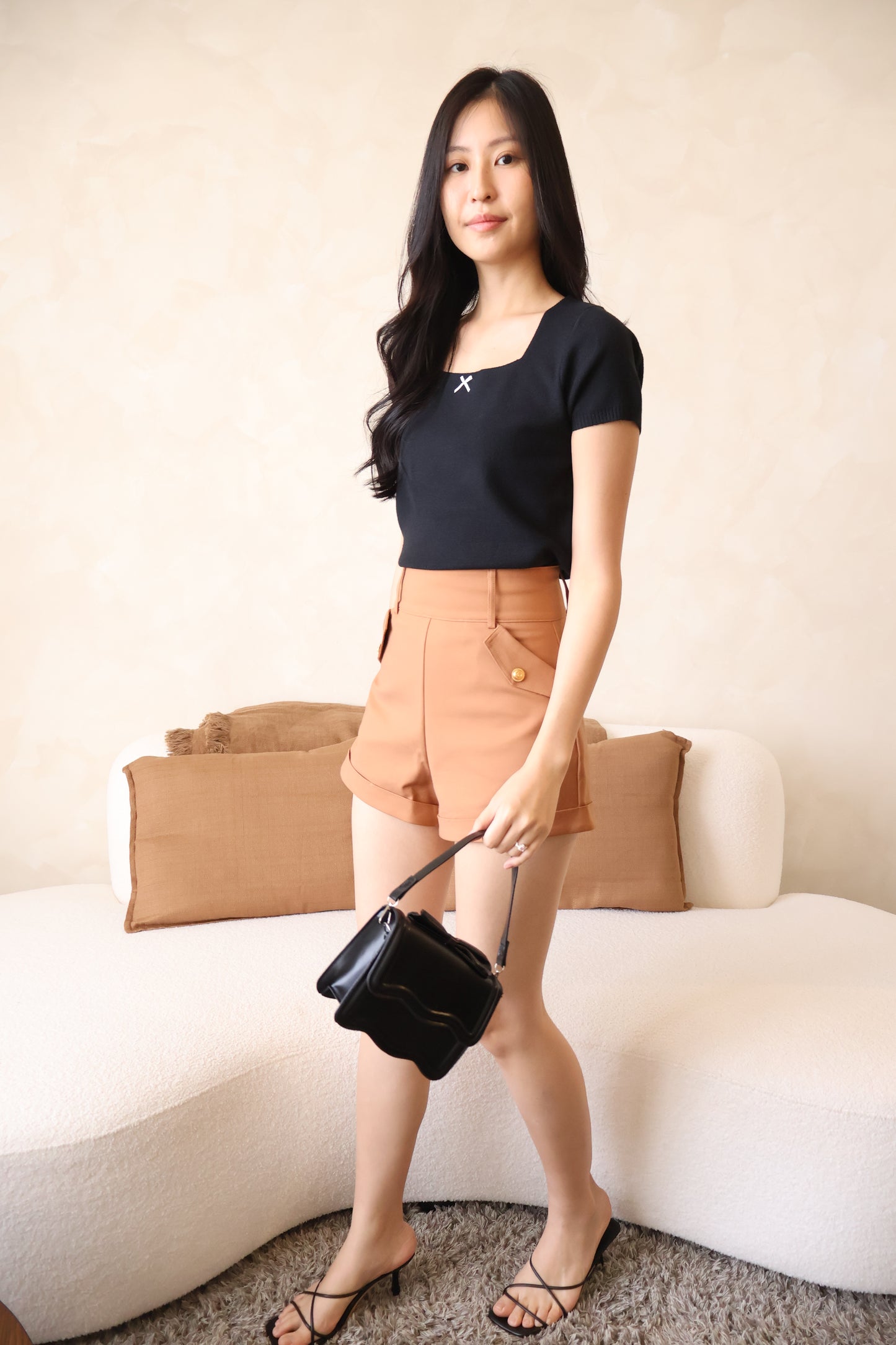 Elodie Ribbon Soft Knit Square Neck Top In Black