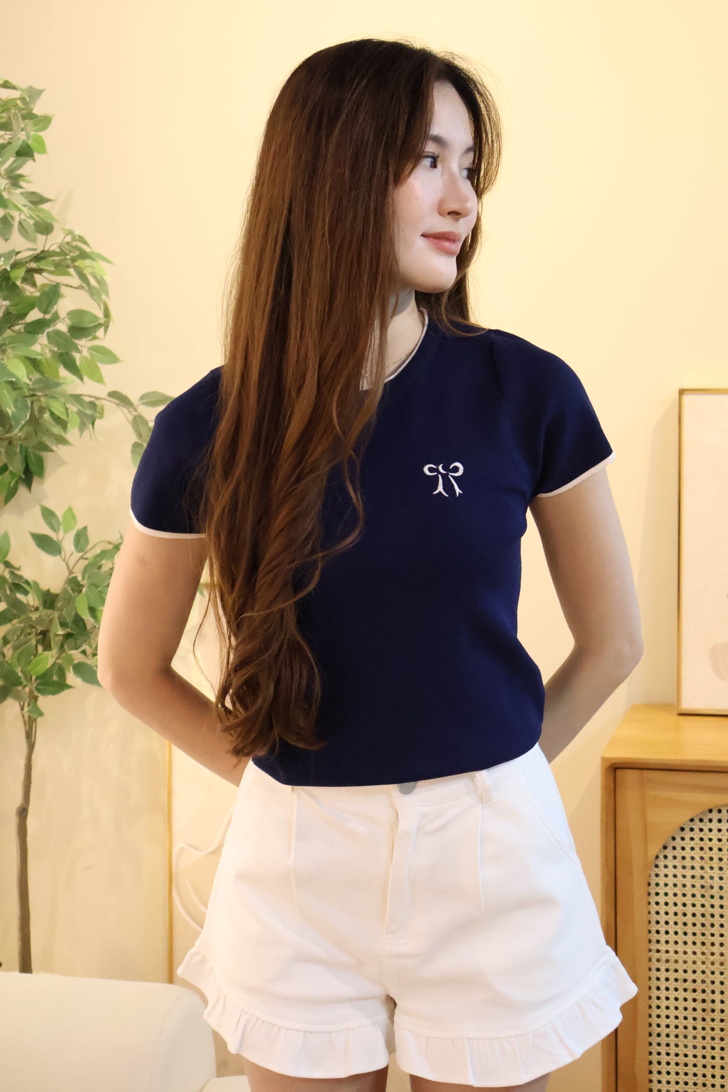 Tasha Embroidered Ribbon Knit Top In Navy Blue