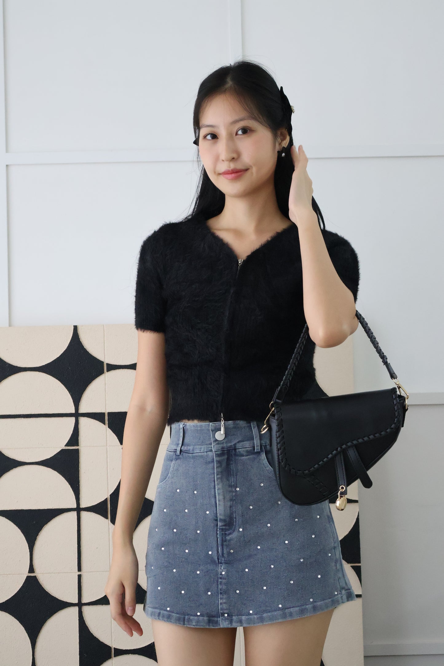 Kira Furry Double Zip Top In Black