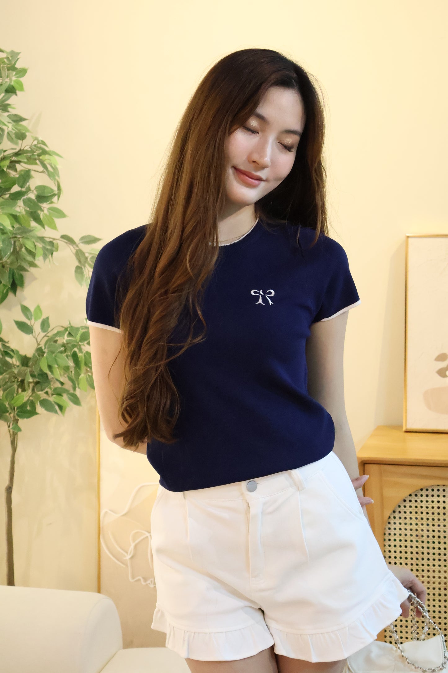 Tasha Embroidered Ribbon Knit Top In Navy Blue