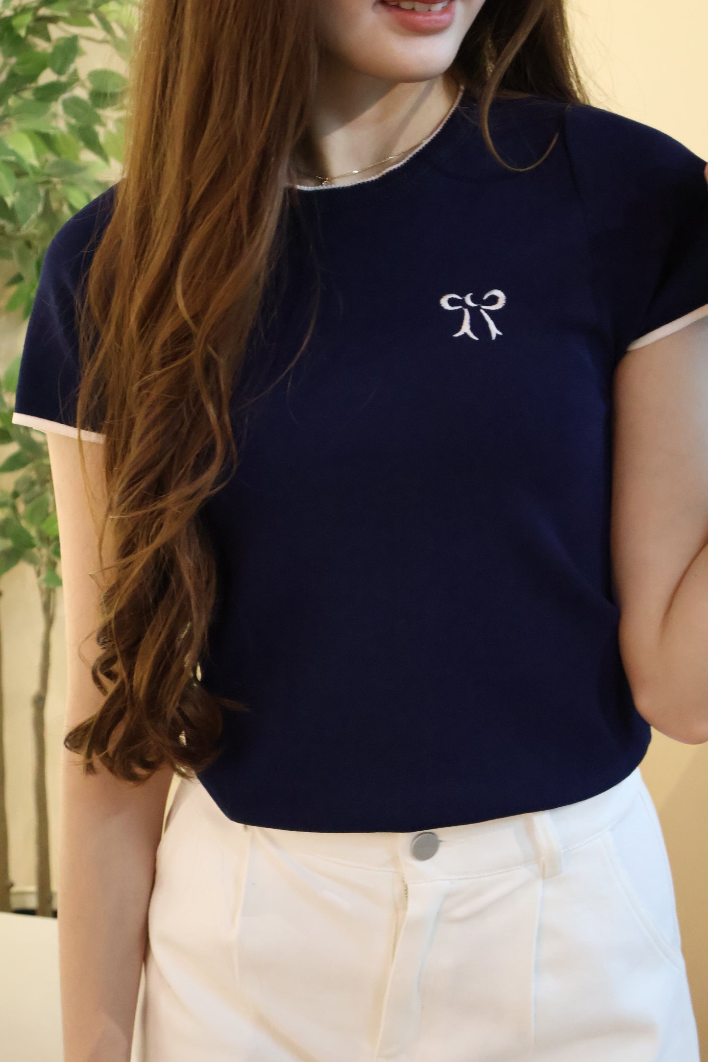 Tasha Embroidered Ribbon Knit Top In Navy Blue