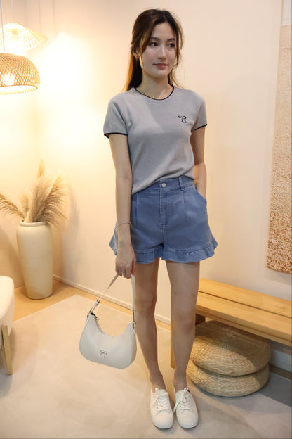 Tasha Embroidered Ribbon Knit Top In Grey