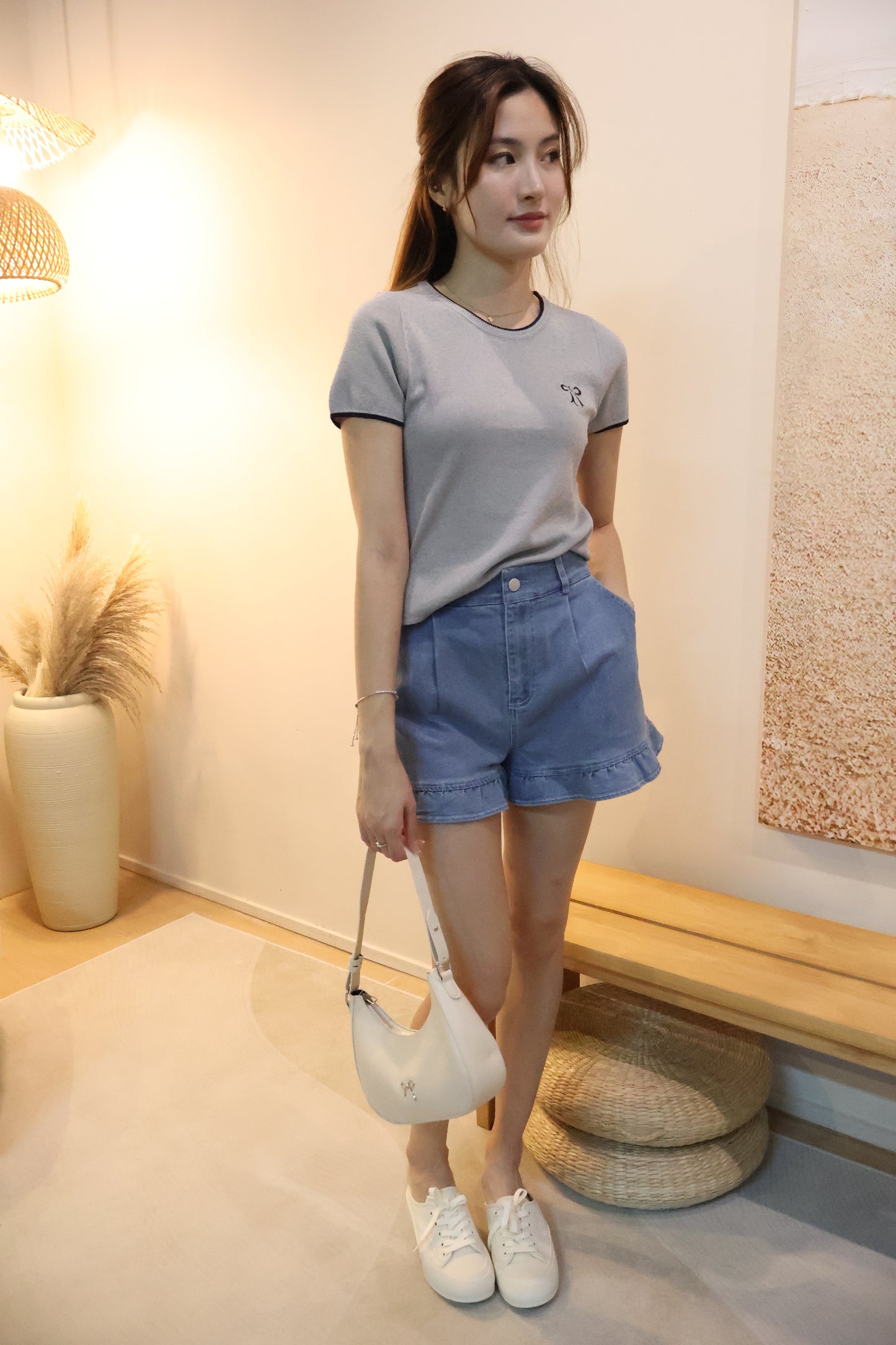 Tasha Embroidered Ribbon Knit Top In Grey