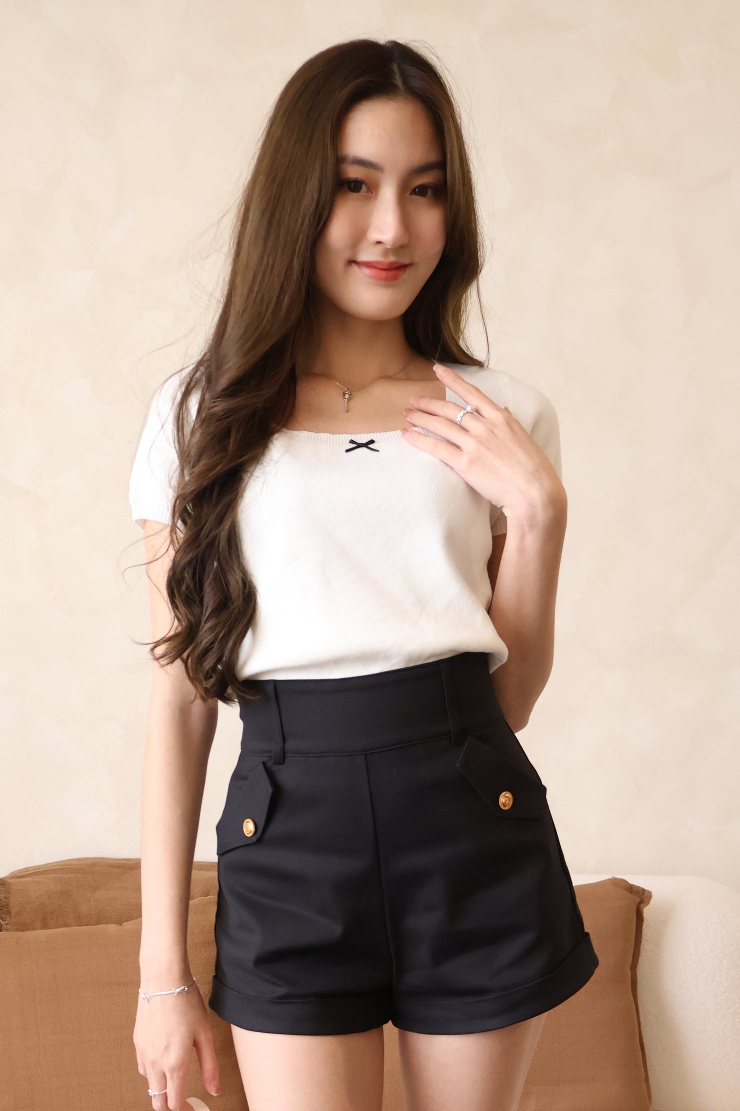 Elodie Ribbon Soft Knit Square Neck Top In Off White