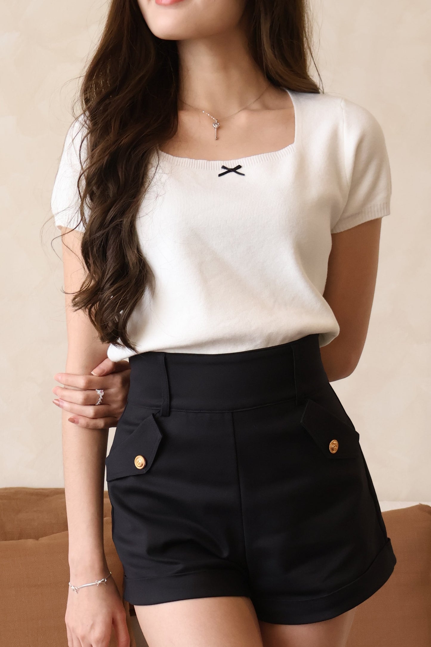 Elodie Ribbon Soft Knit Square Neck Top In Off White