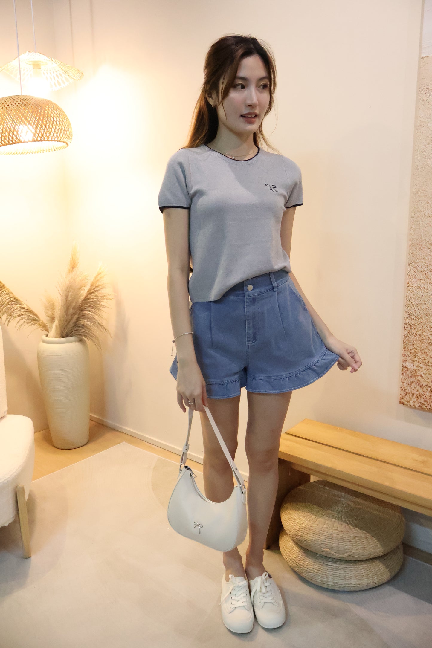 Tasha Embroidered Ribbon Knit Top In Grey