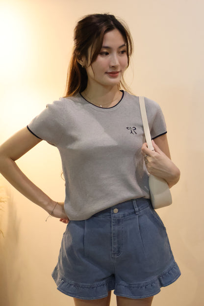 Tasha Embroidered Ribbon Knit Top In Grey