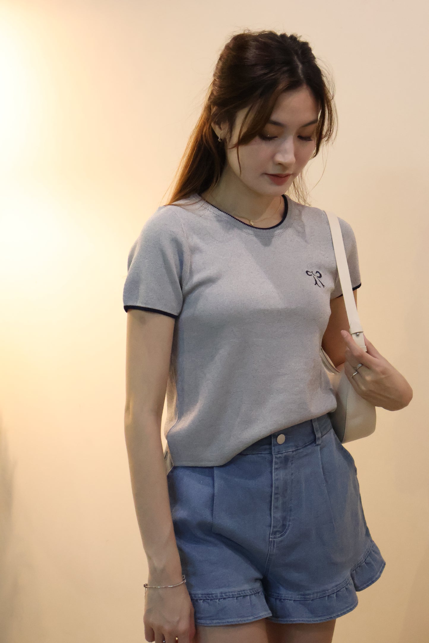 Tasha Embroidered Ribbon Knit Top In Grey