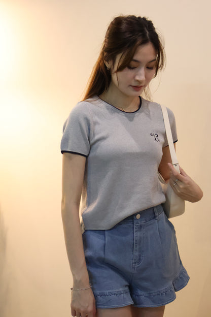 Tasha Embroidered Ribbon Knit Top In Grey