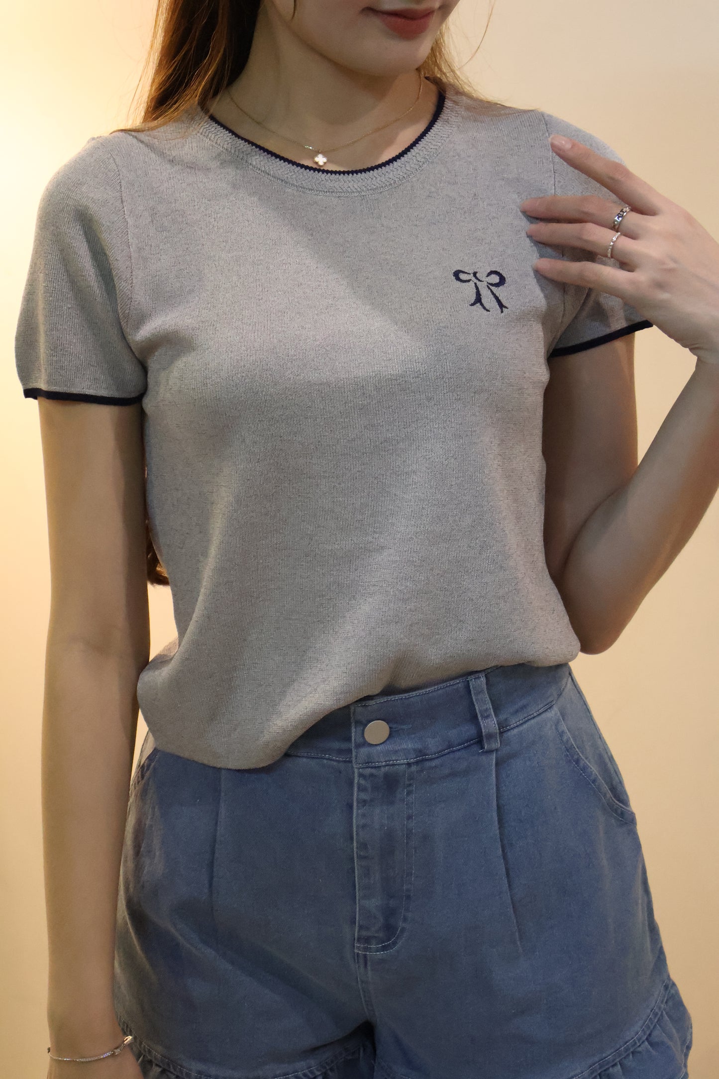 Tasha Embroidered Ribbon Knit Top In Grey
