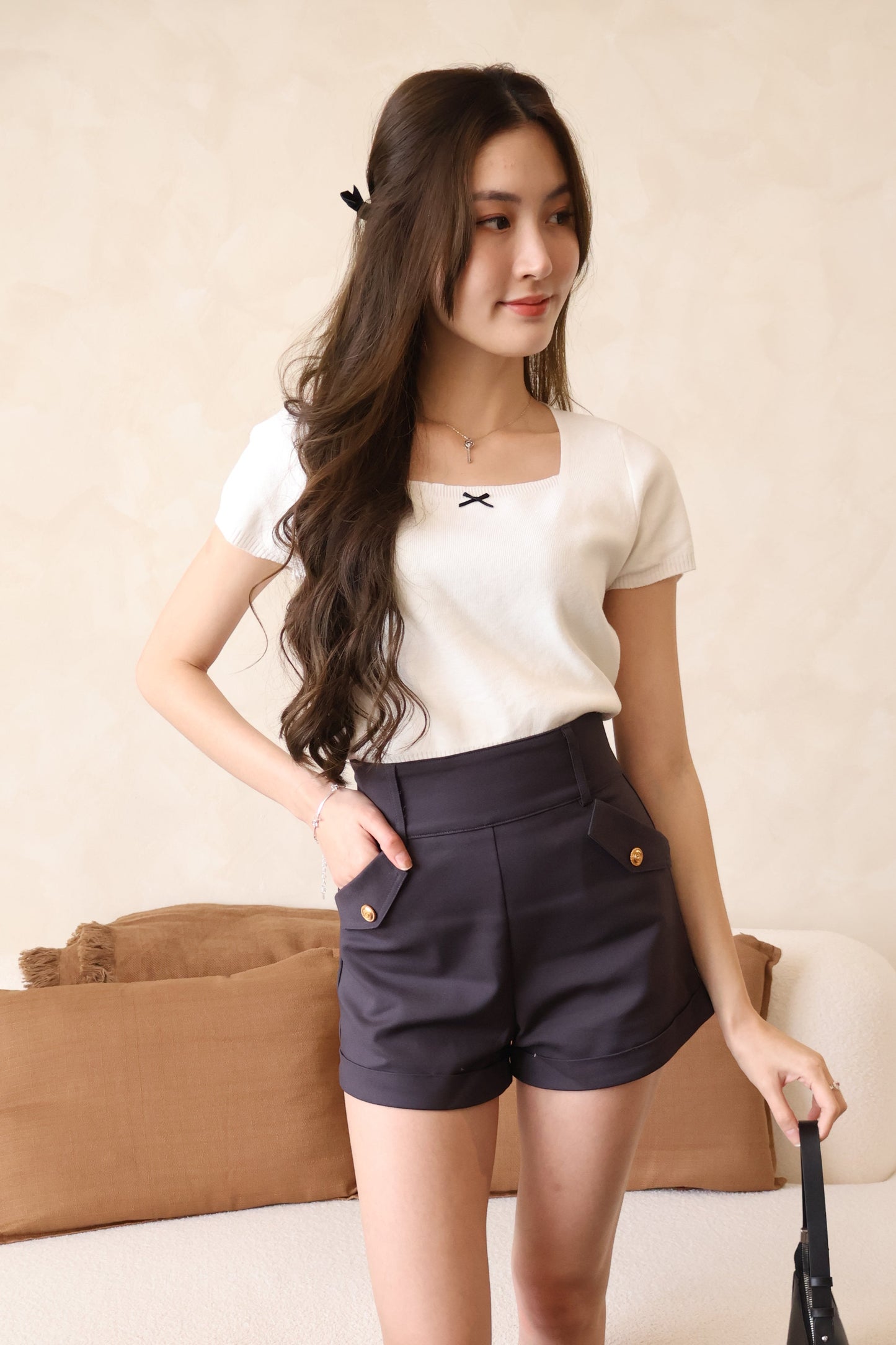 Elodie Ribbon Soft Knit Square Neck Top In Off White