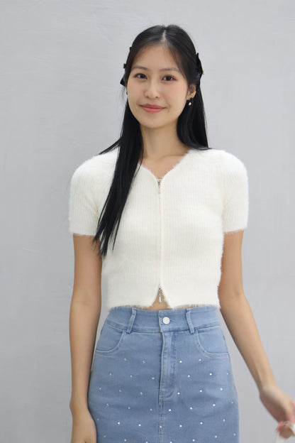 Kira Furry Double Zip Top In White