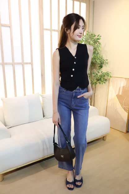 Sandrick Button Knit Vest Top In Black