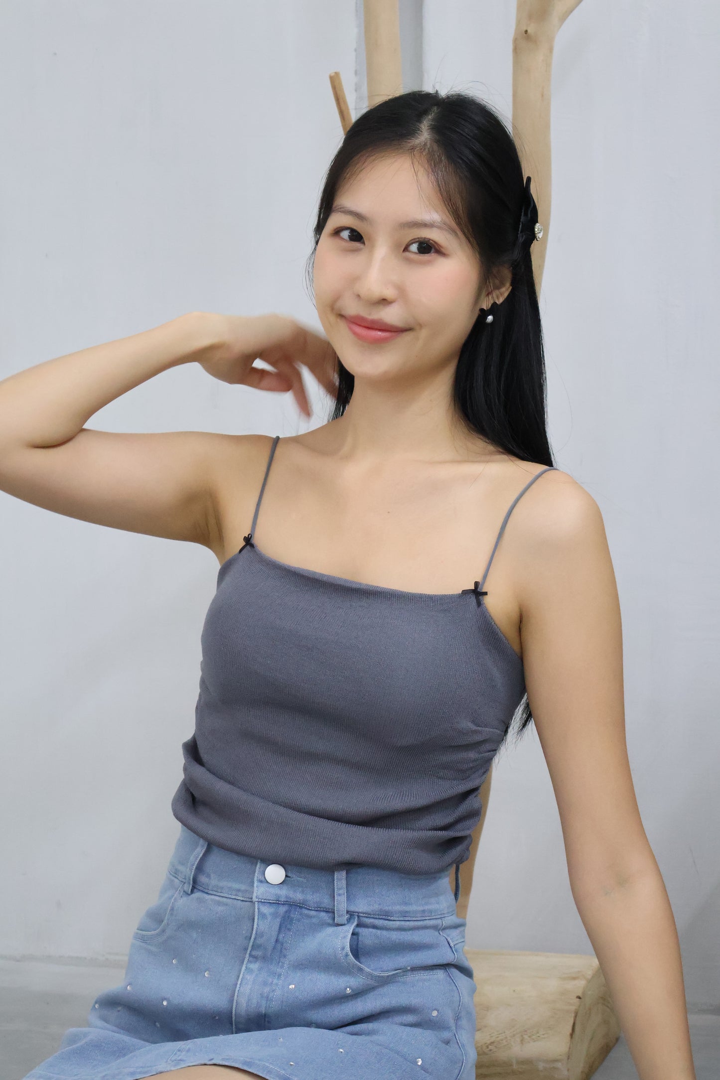 Brea Soft Knit Padded Ribbon Camisole In Grey