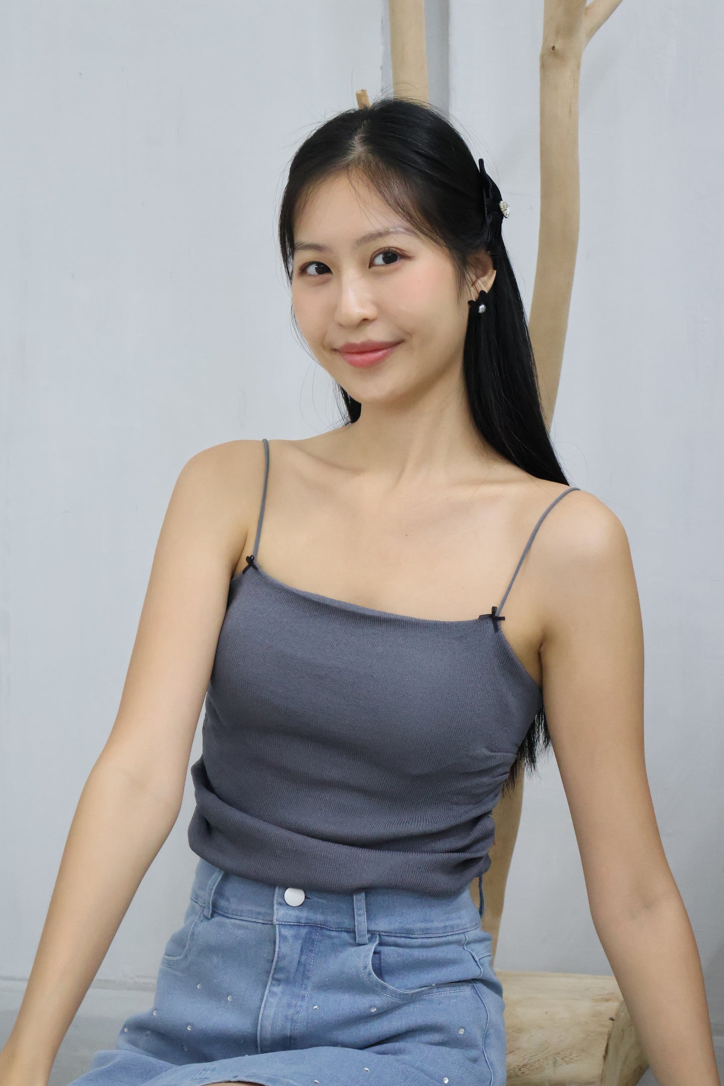 Brea Soft Knit Padded Ribbon Camisole In Grey