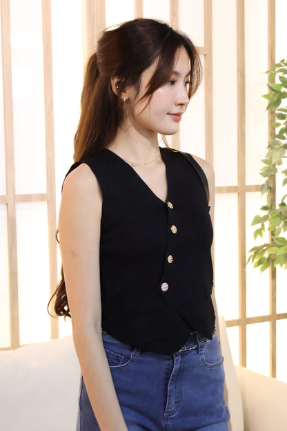 Sandrick Button Knit Vest Top In Black