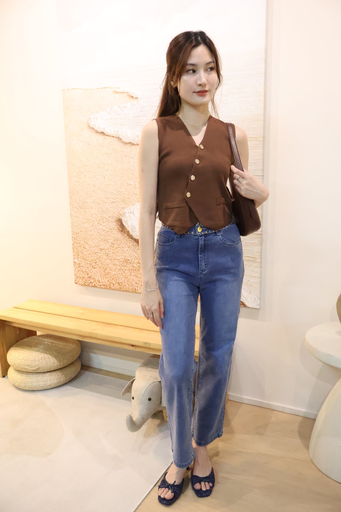 Sandrick Button Knit Vest Top In Brown