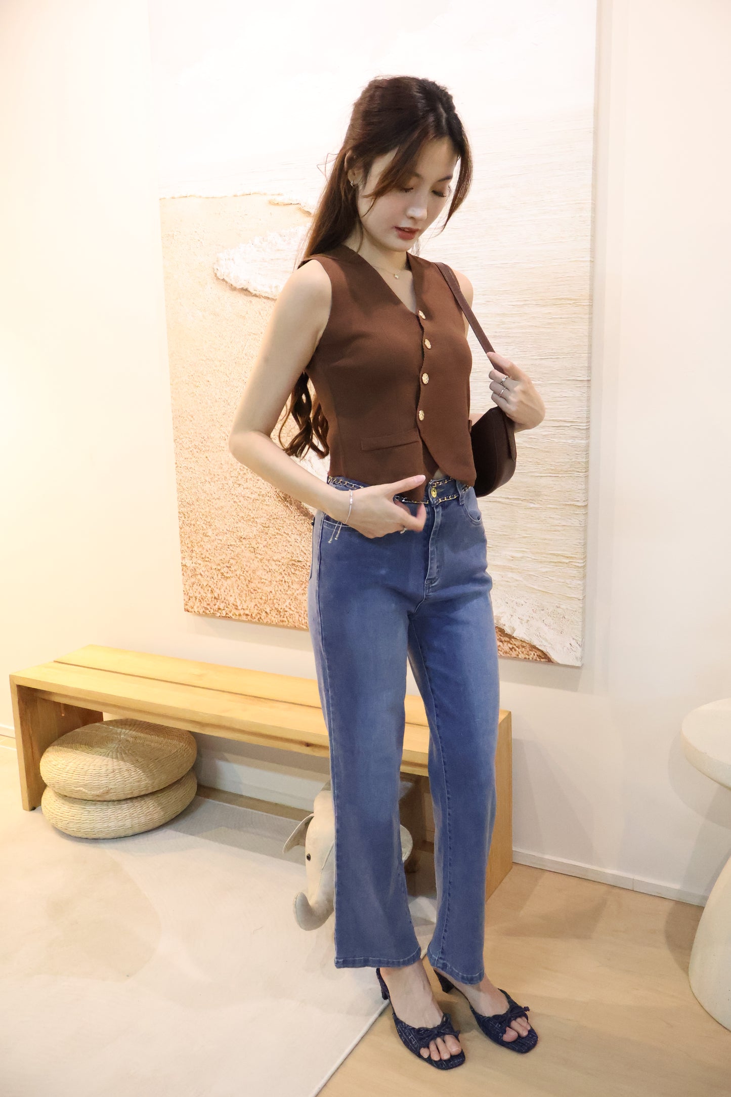Sandrick Button Knit Vest Top In Brown