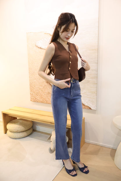 Sandrick Button Knit Vest Top In Brown