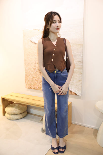 Sandrick Button Knit Vest Top In Brown