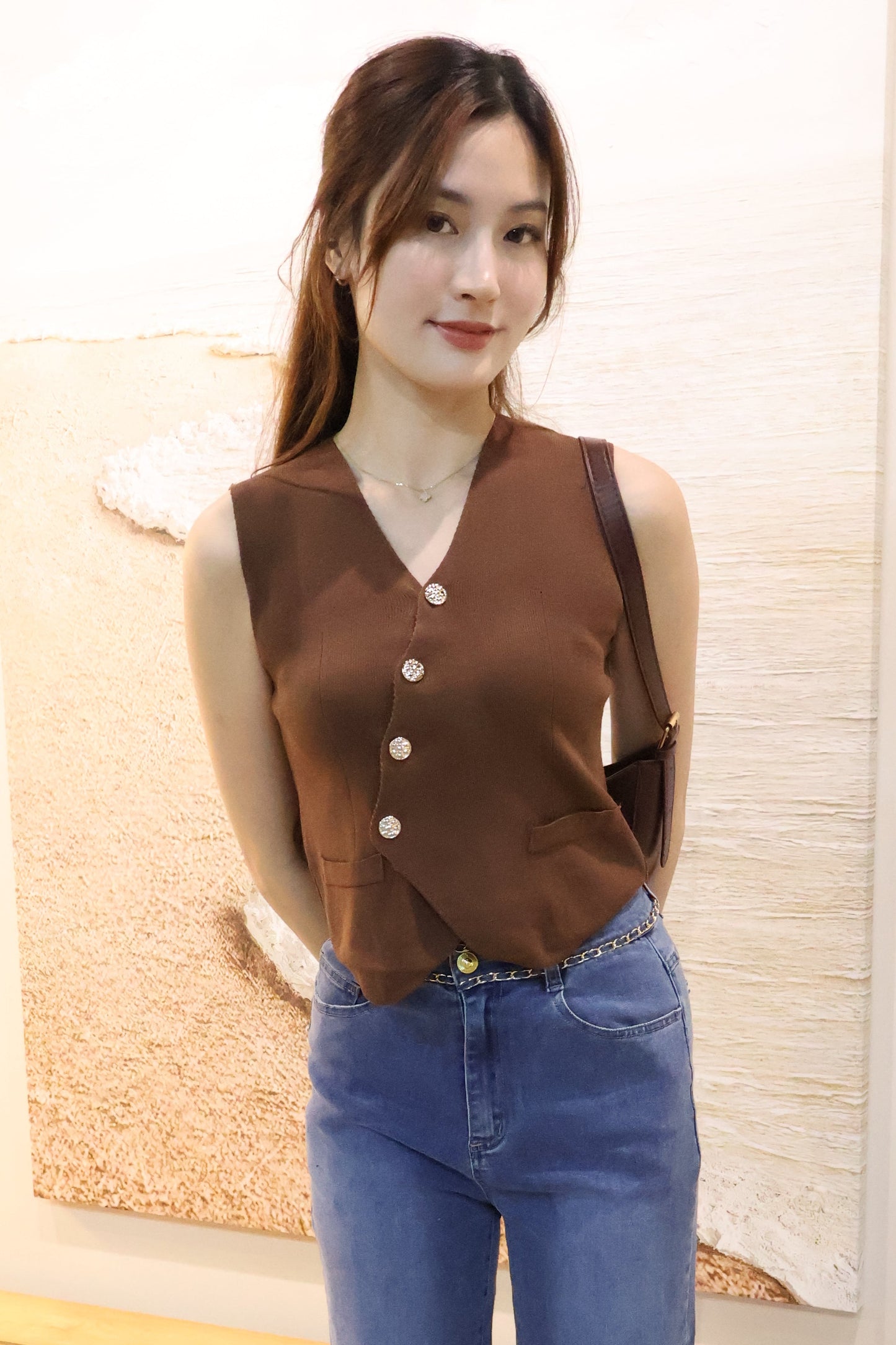 Sandrick Button Knit Vest Top In Brown