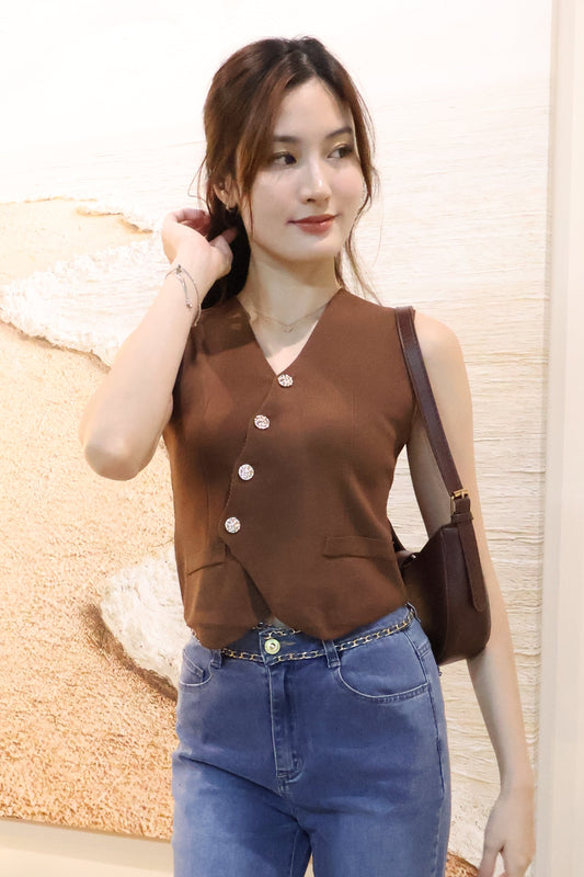 Sandrick Button Knit Vest Top In Brown