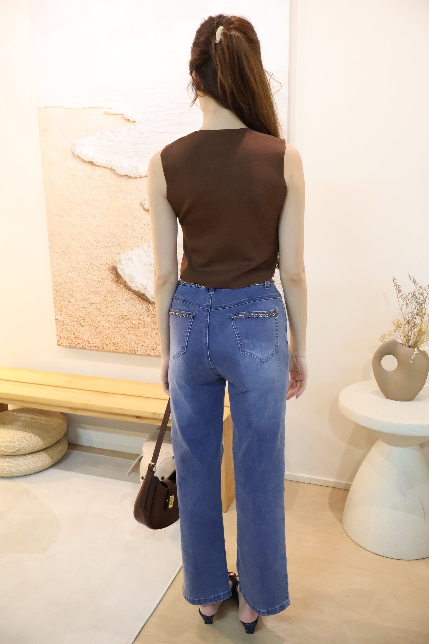 Sandrick Button Knit Vest Top In Brown