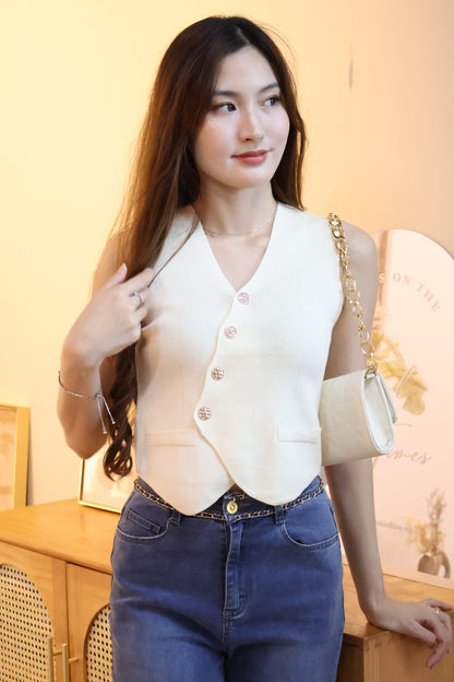 Sandrick Button Knit Vest Top In Cream