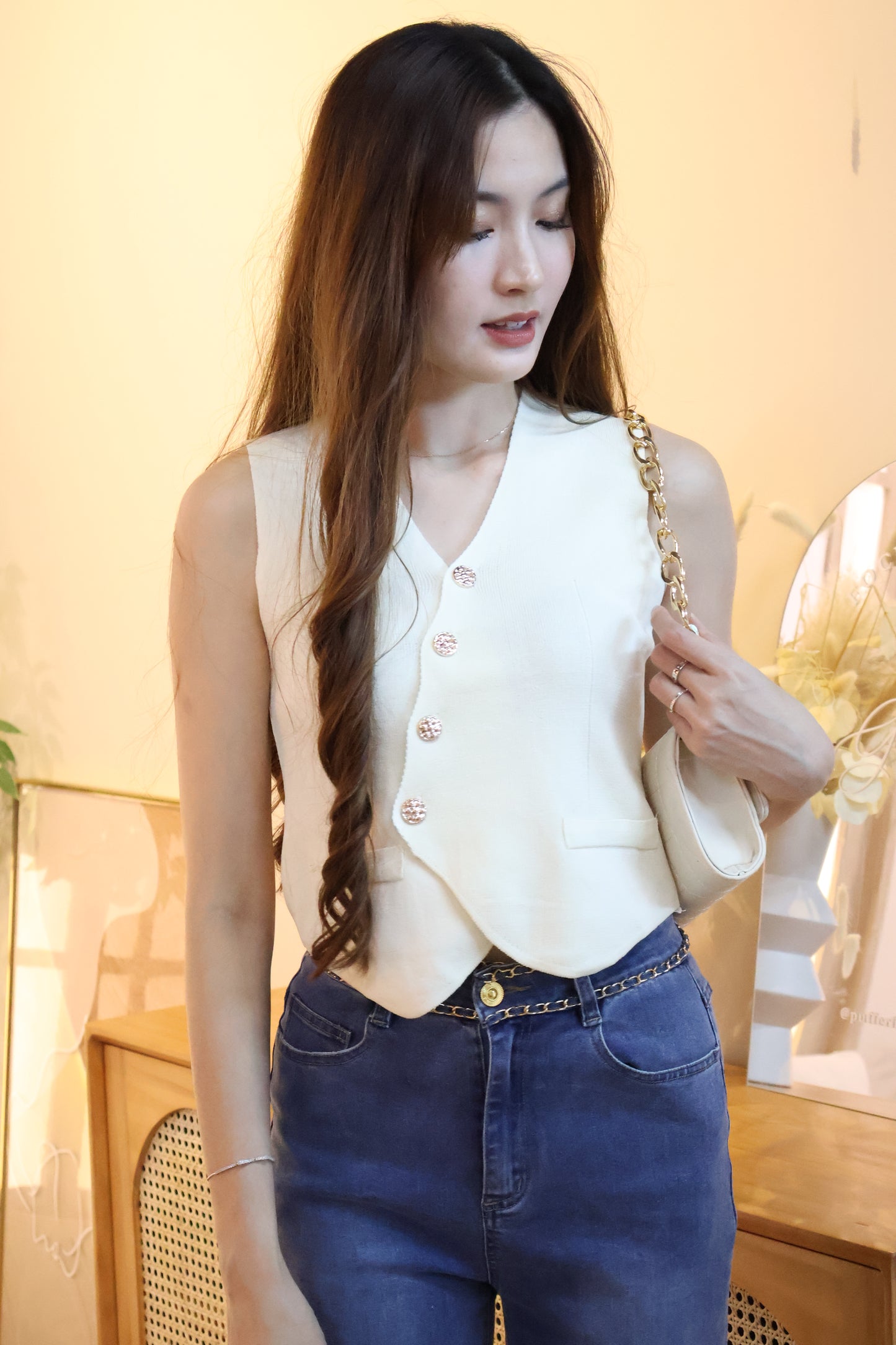 Sandrick Button Knit Vest Top In Cream