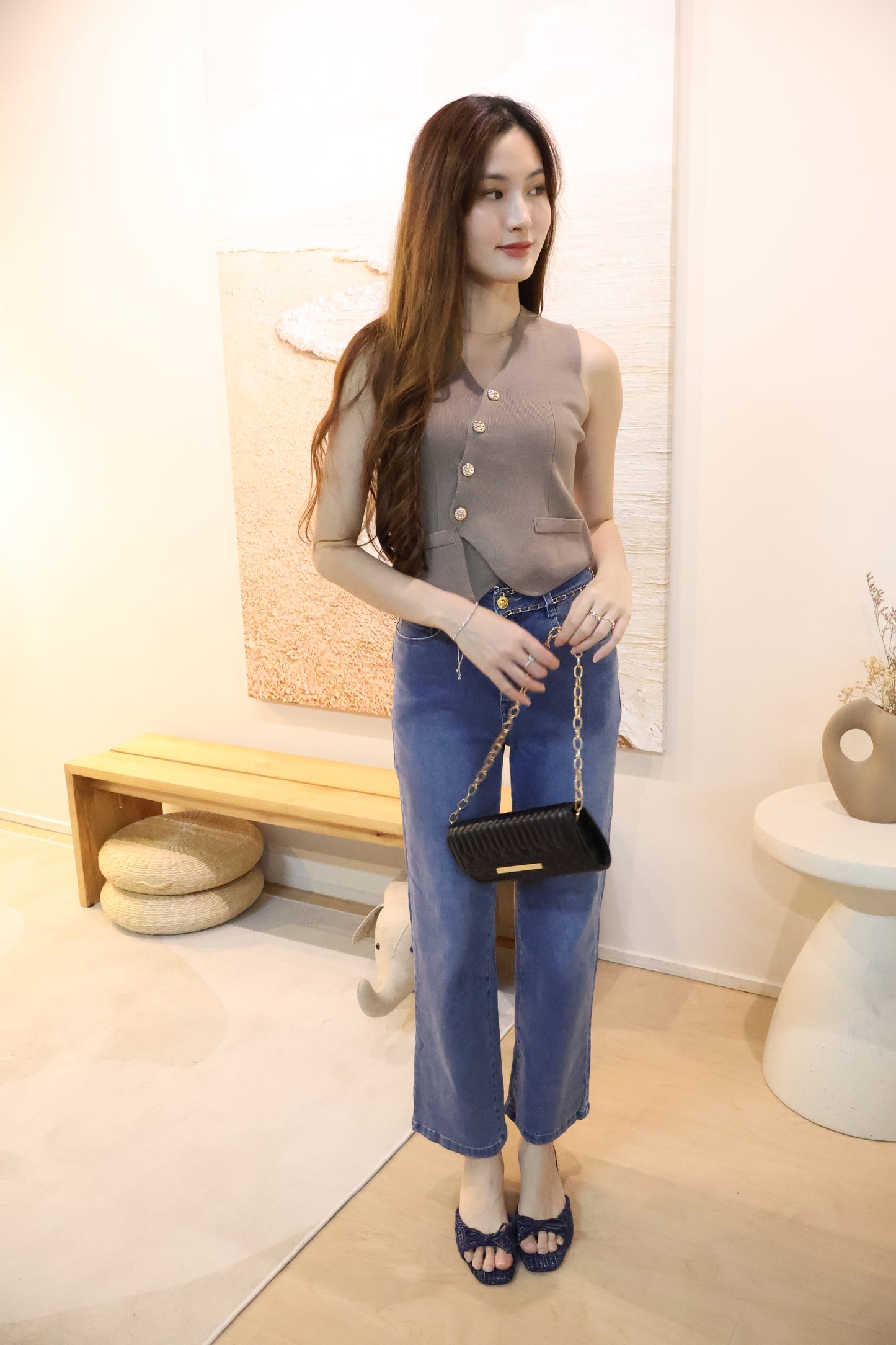 Sandrick Button Knit Vest Top In Taupe