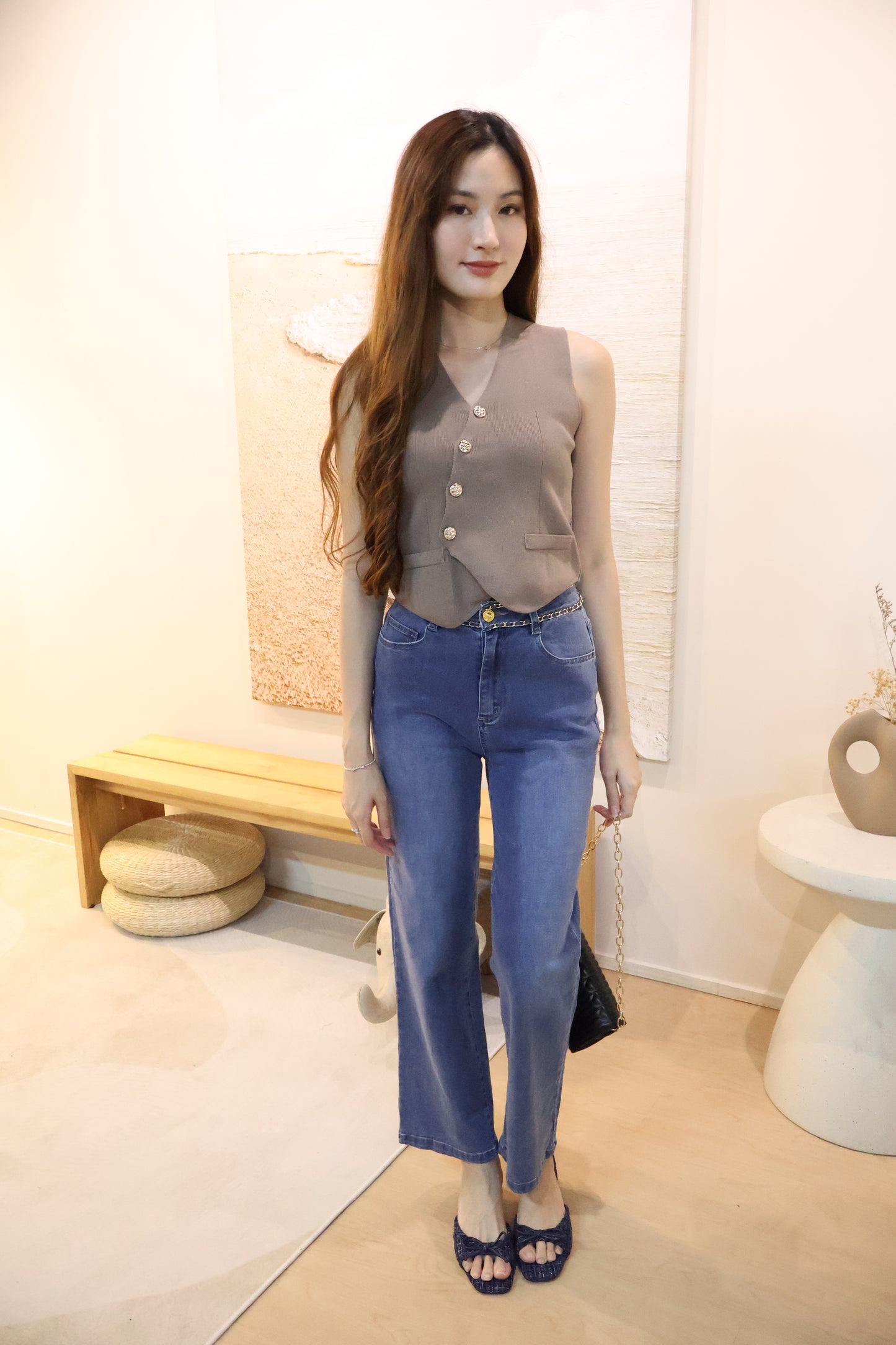 Sandrick Button Knit Vest Top In Taupe