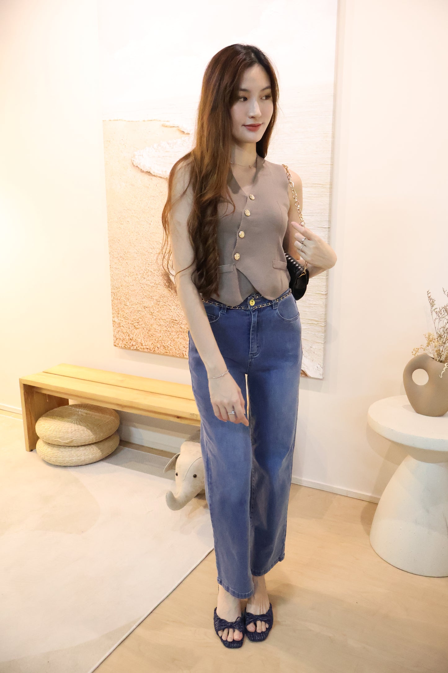 Sandrick Button Knit Vest Top In Taupe