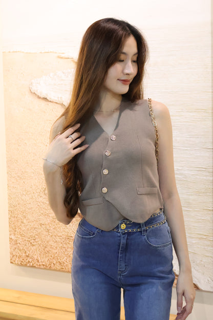 Sandrick Button Knit Vest Top In Taupe