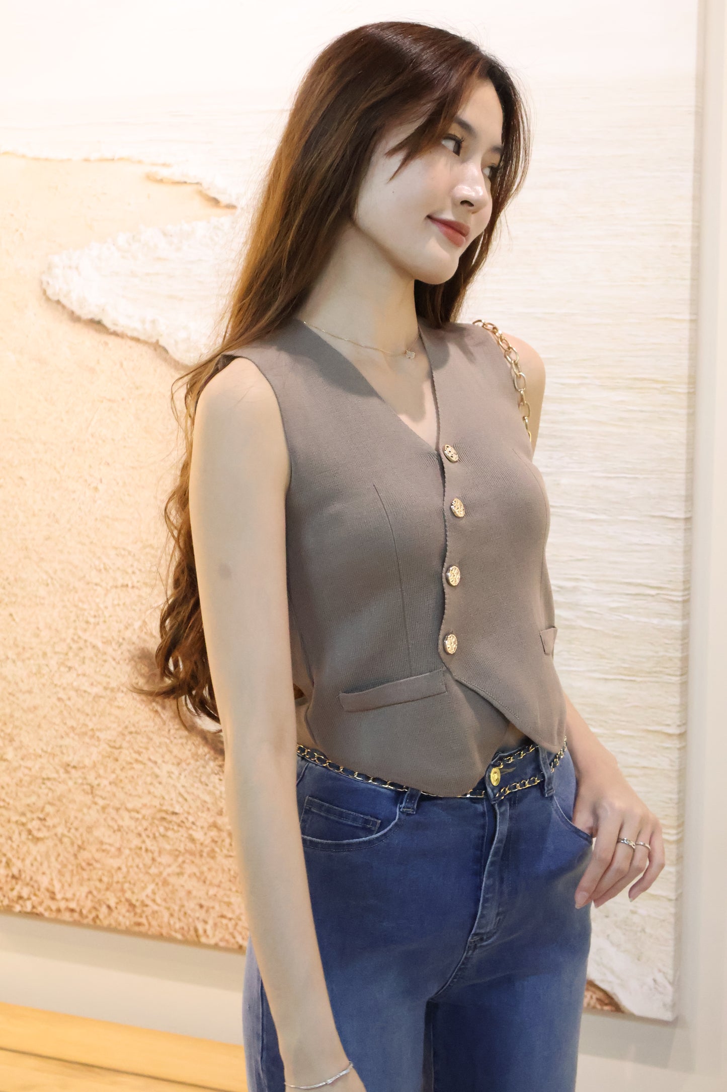 Sandrick Button Knit Vest Top In Taupe