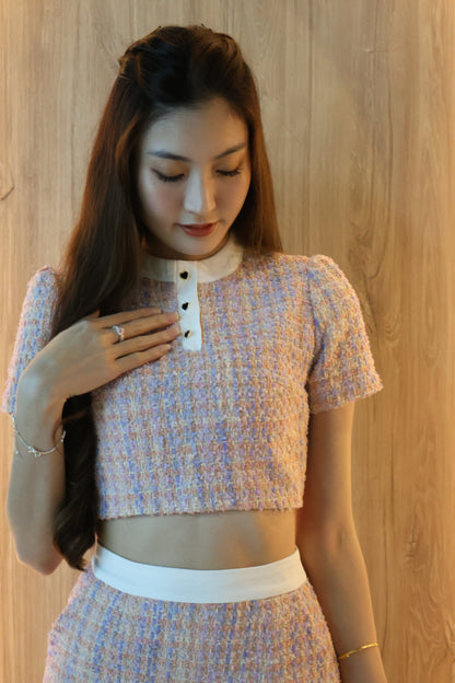 Mabel Heart Buttons Tweed Co-Ords Set In Pink