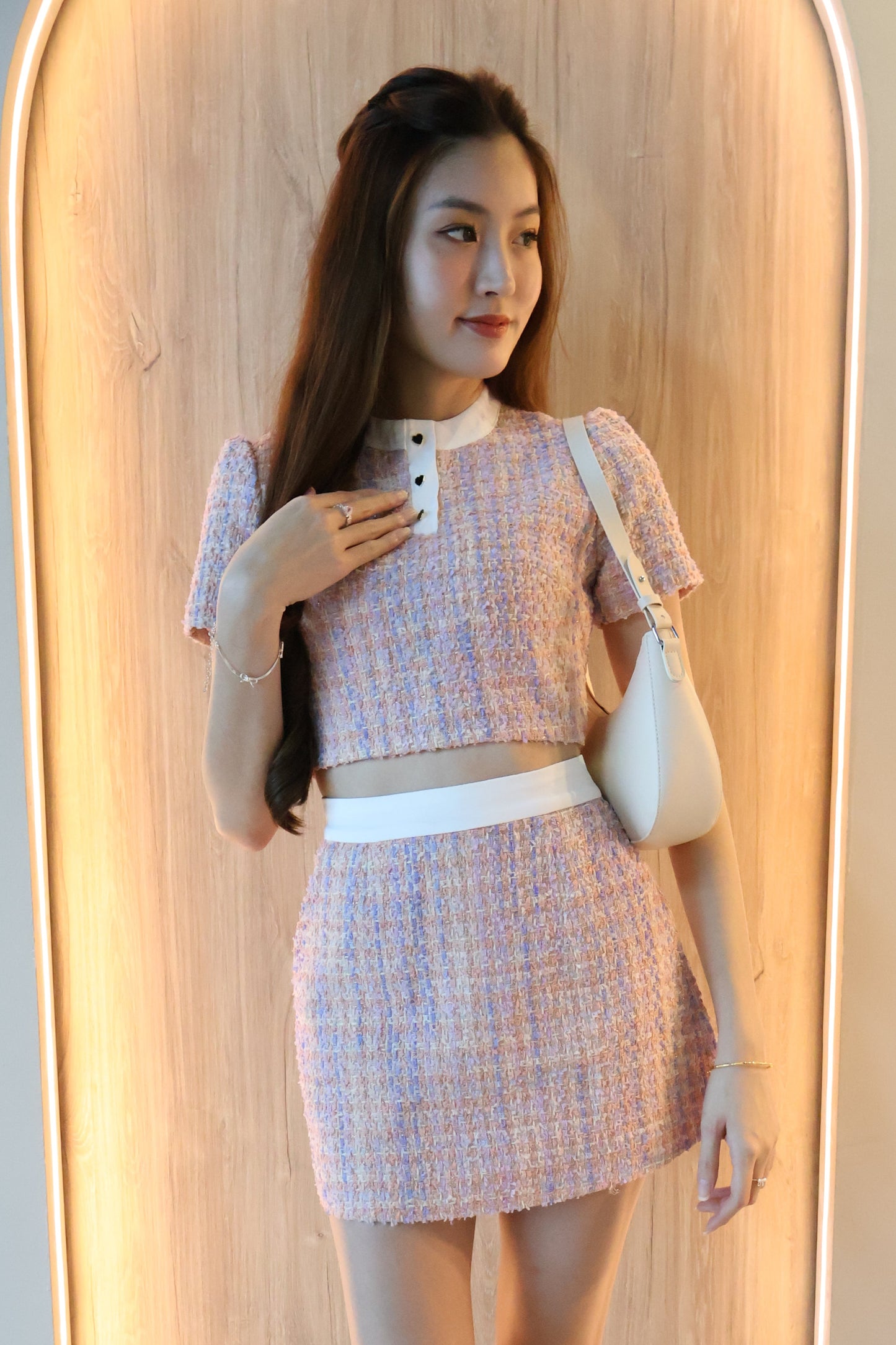 Mabel Heart Buttons Tweed Co-Ords Set In Pink