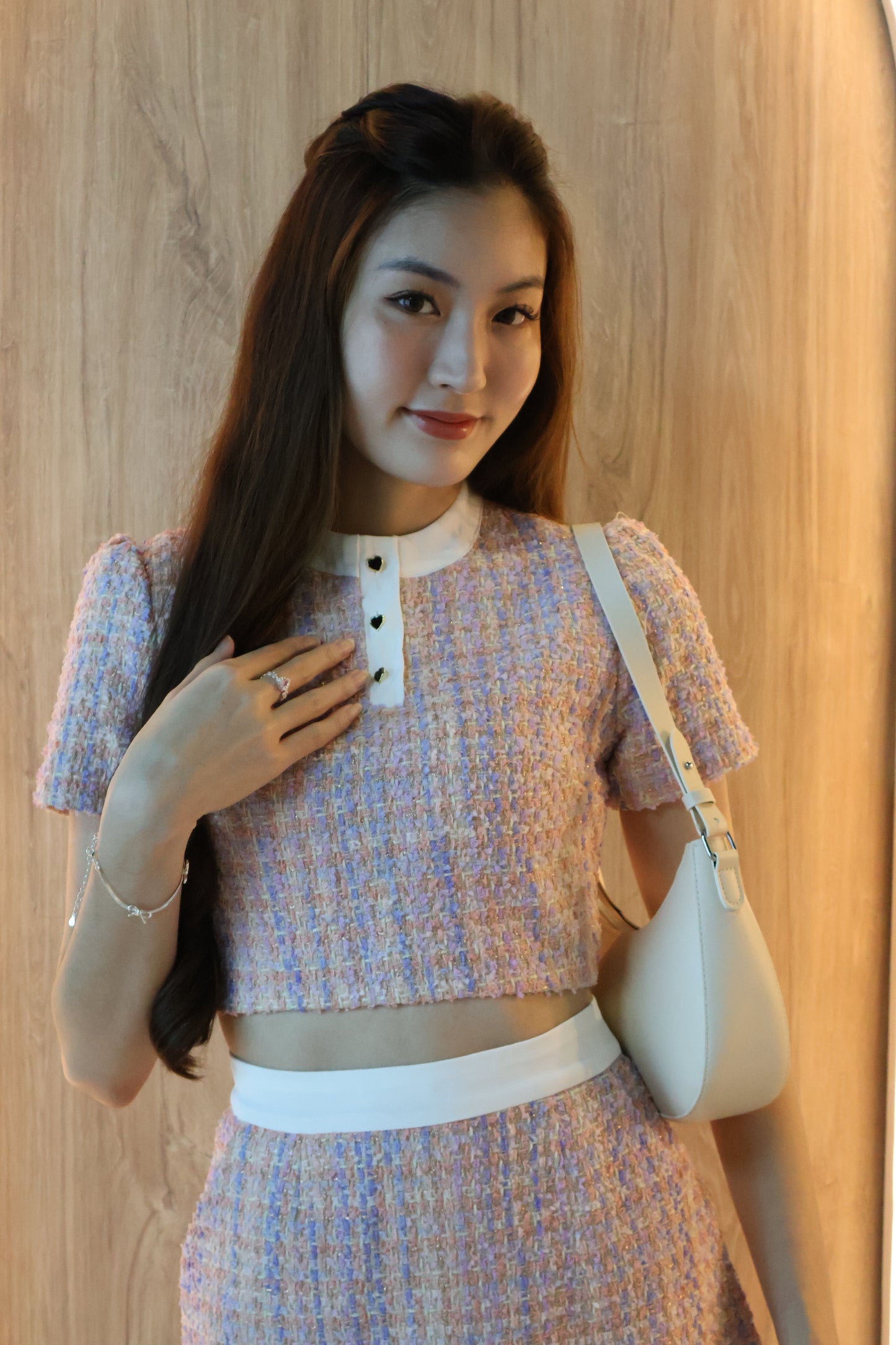 Mabel Heart Buttons Tweed Co-Ords Set In Pink